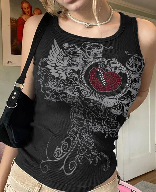 Y2K Tank Tops for Women Girls Heart Graphic Rhinestone U-Neck Sleeveless Tops Coquett Summer Mcbling Clothes