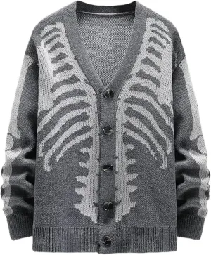 Yimoon Men's Skeleton Print Cardigan Sweaters Casual V Neck Button Down Open Front Sweater Coats