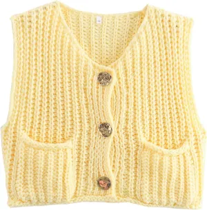 Yimoon Sweater Vest Women Sleeveless Cropped Button Down Chunky Knit Cardigan Casual Knitted Sweater Vest with Pockets