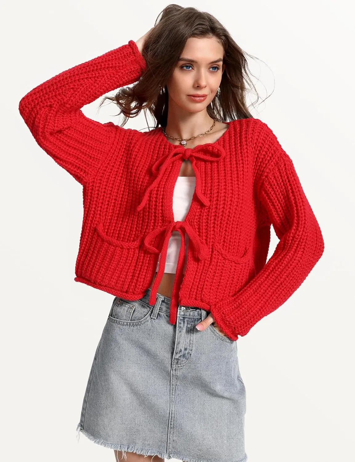 Yimoon Womens Tie Front Chunky Cardigan Sweater Cropped Long Sleeve Open Front Cardigan Knit Trendy Sweater Tops