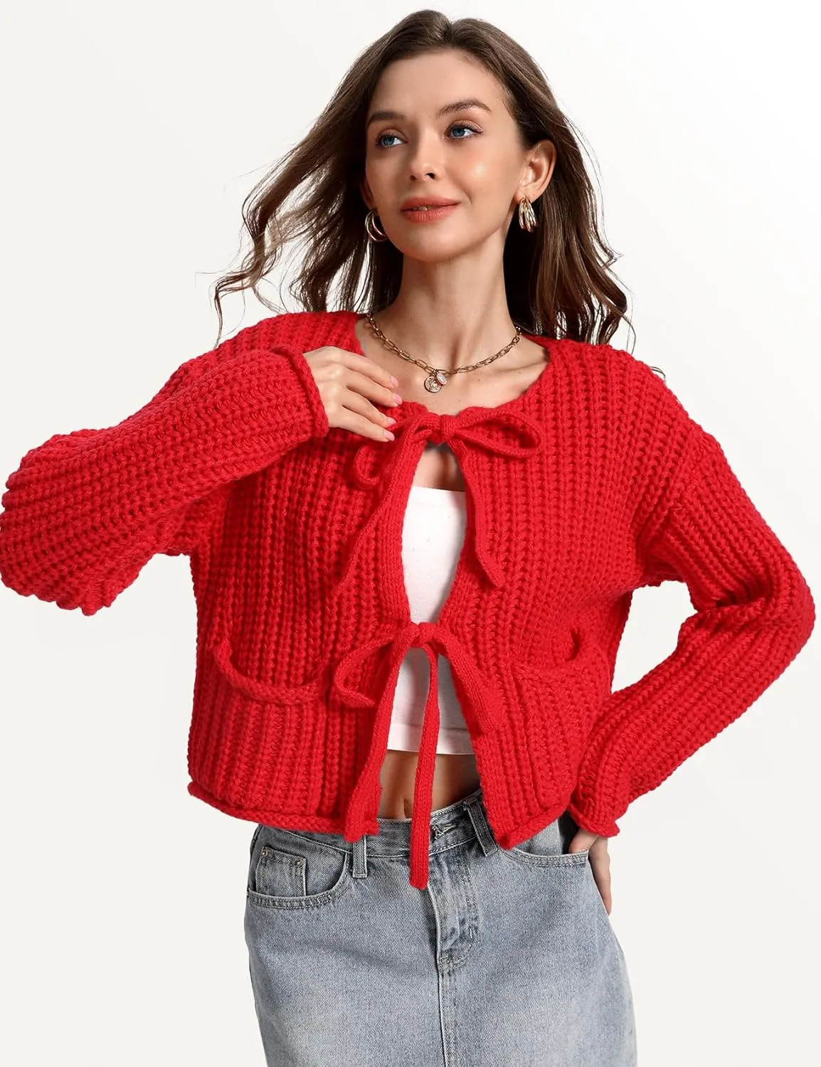 Yimoon Womens Tie Front Chunky Cardigan Sweater Cropped Long Sleeve Open Front Cardigan Knit Trendy Sweater Tops