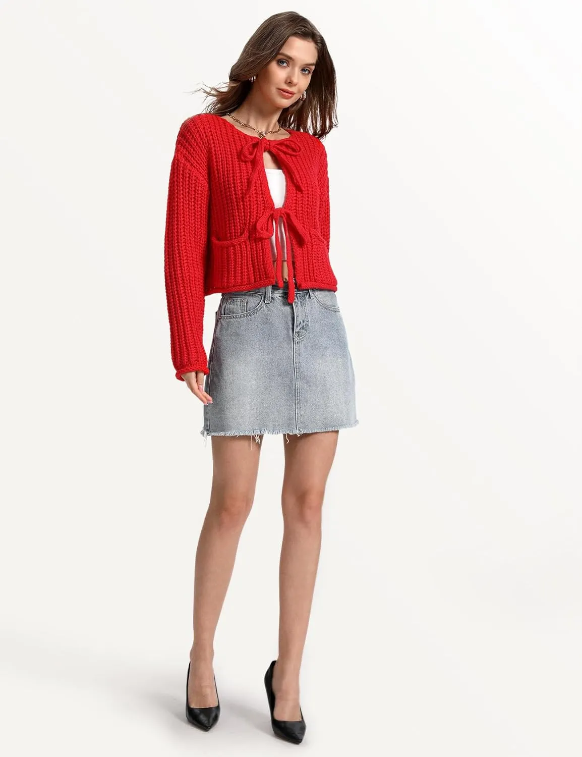 Yimoon Womens Tie Front Chunky Cardigan Sweater Cropped Long Sleeve Open Front Cardigan Knit Trendy Sweater Tops