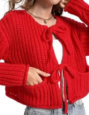 Yimoon Womens Tie Front Chunky Cardigan Sweater Cropped Long Sleeve Open Front Cardigan Knit Trendy Sweater Tops