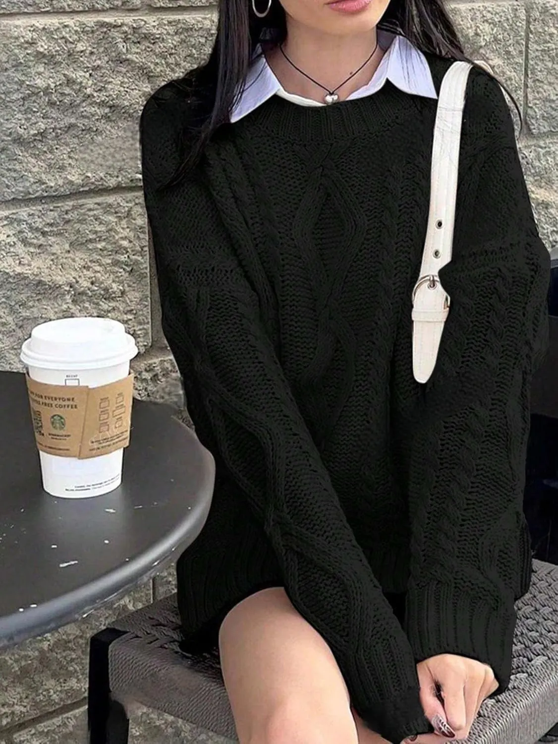 ZAFUL Cable Knit Sweaters for Women Crewneck Casual Knit Pullover Sweater Long Sleeves Jumper Tops