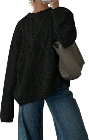 ZAFUL Cable Knit Sweaters for Women Crewneck Casual Knit Pullover Sweater Long Sleeves Jumper Tops