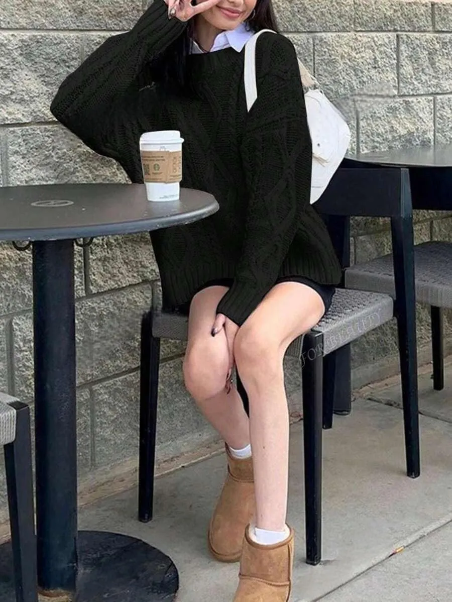 ZAFUL Cable Knit Sweaters for Women Crewneck Casual Knit Pullover Sweater Long Sleeves Jumper Tops