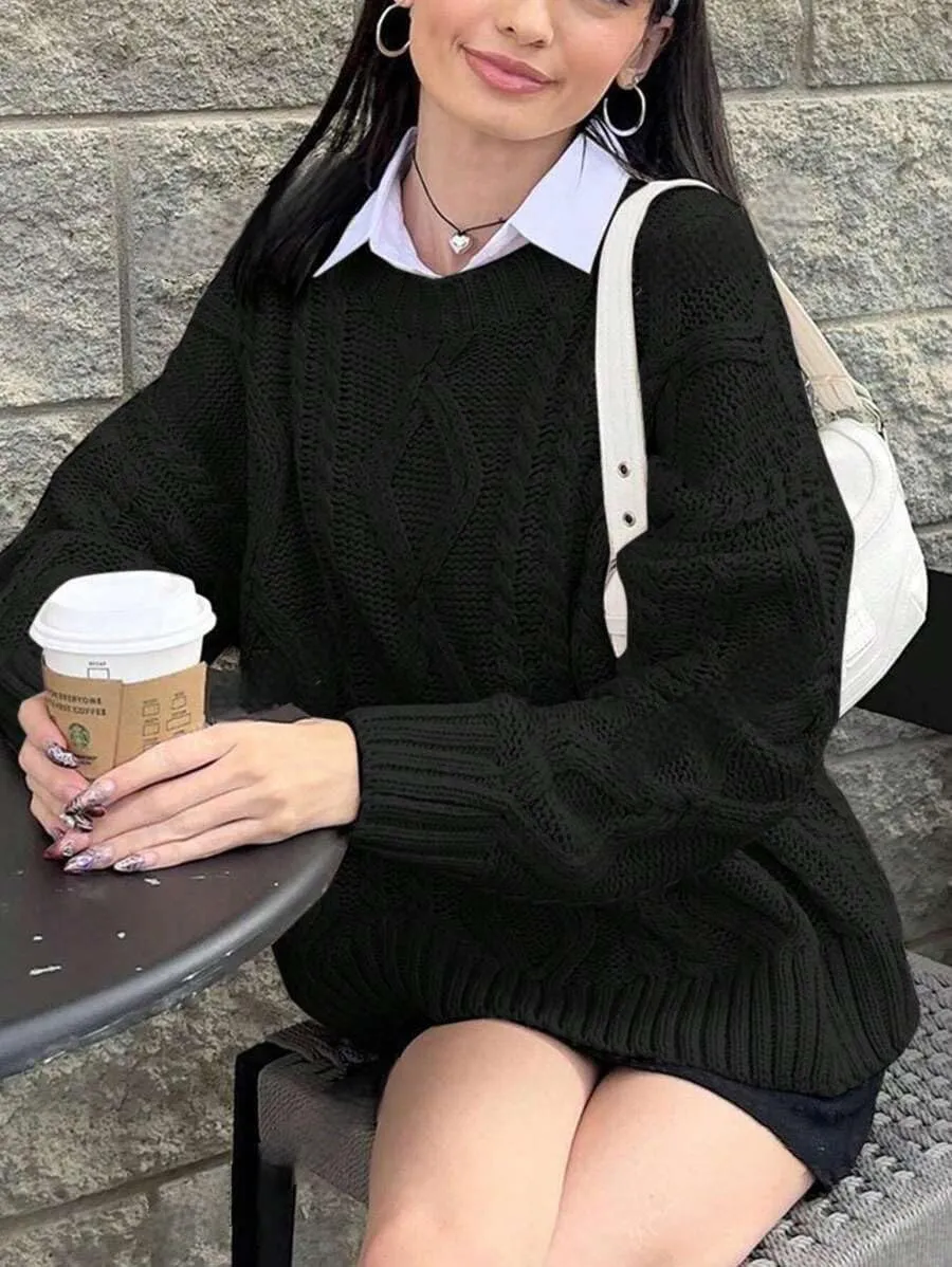 ZAFUL Cable Knit Sweaters for Women Crewneck Casual Knit Pullover Sweater Long Sleeves Jumper Tops