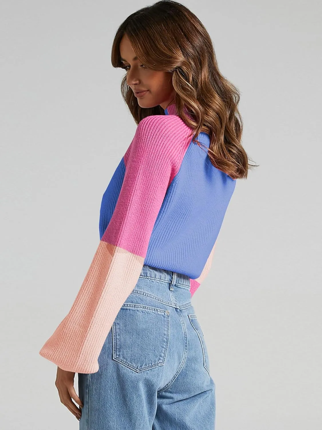 ZAFUL Women's Mock Neck Color Block Sweaters Knitted Pullover Jumper Tops Casual Lantern Sleeve Cropped Sweater