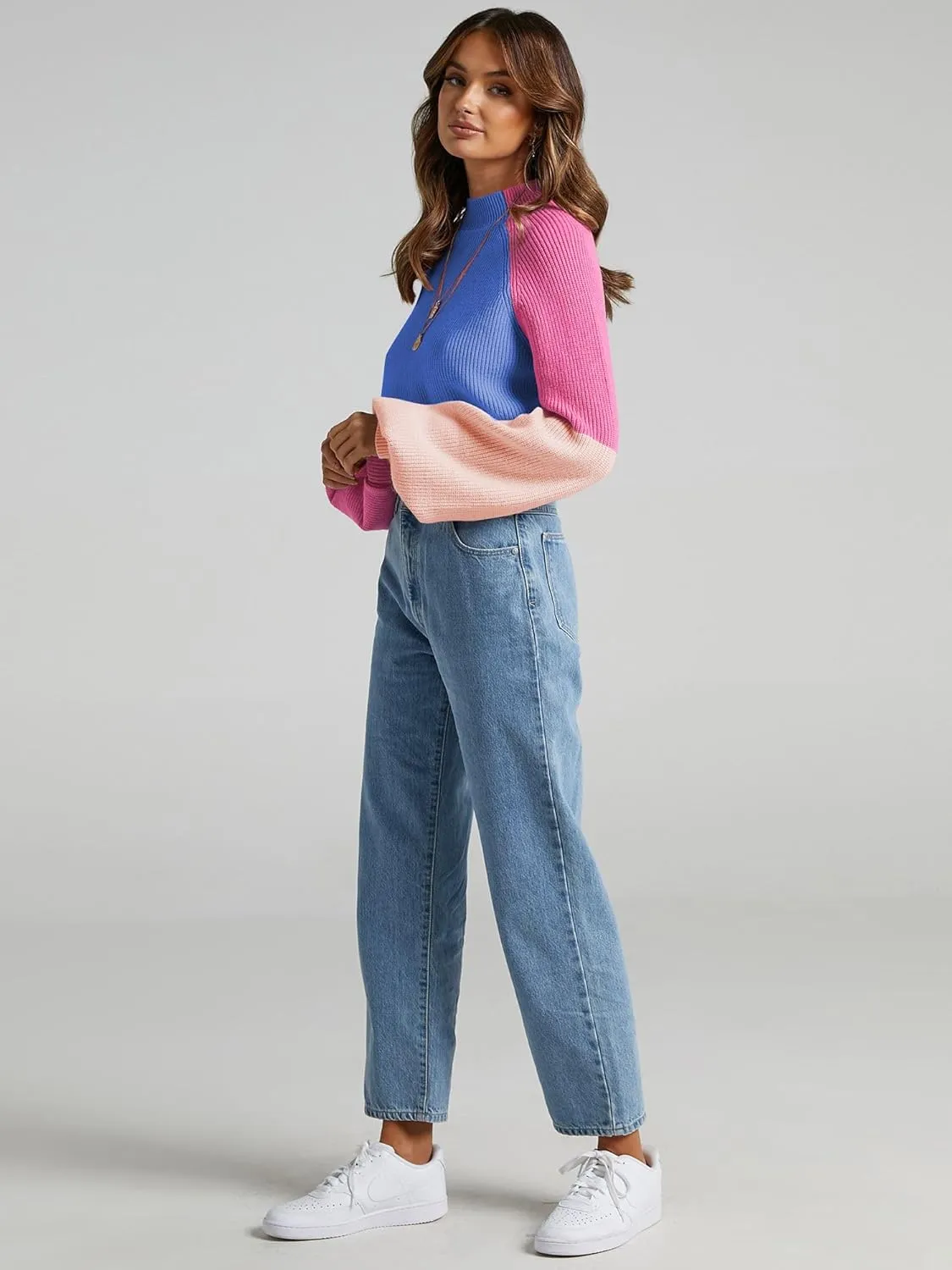 ZAFUL Women's Mock Neck Color Block Sweaters Knitted Pullover Jumper Tops Casual Lantern Sleeve Cropped Sweater