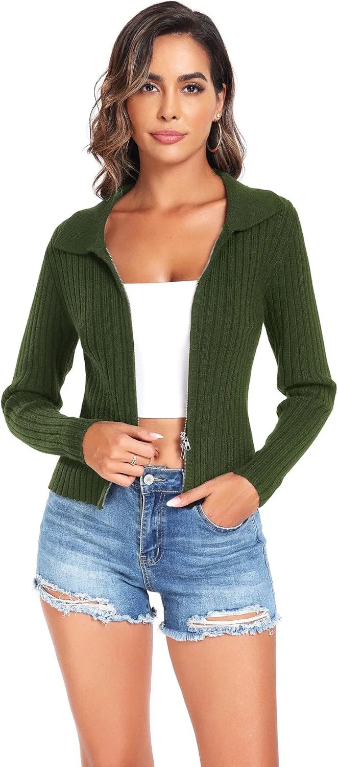 ZAFUL Women's Zip Up Sweater Long Sleeve Polo V Neck Ribbed Knit Slim Cropped Sweater Pullover Jumper Tops