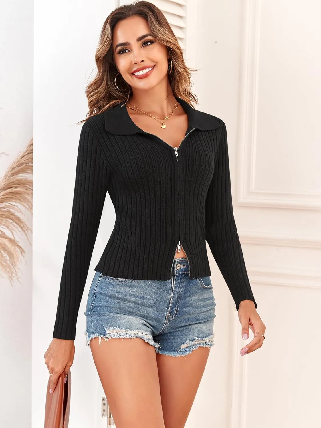 ZAFUL Women's Zip Up Sweater Long Sleeve Polo V Neck Ribbed Knit Slim Cropped Sweater Pullover Jumper Tops