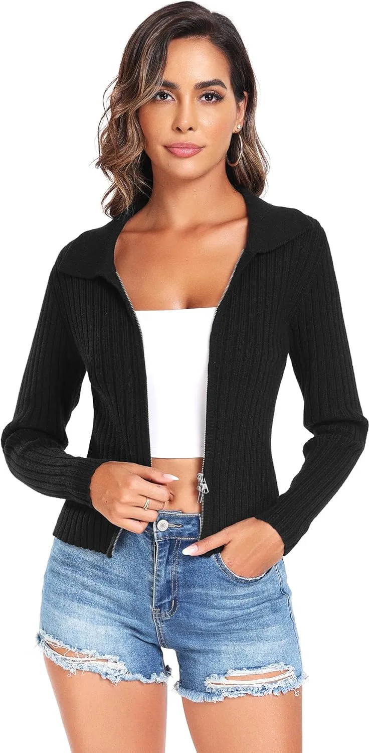 ZAFUL Women's Zip Up Sweater Long Sleeve Polo V Neck Ribbed Knit Slim Cropped Sweater Pullover Jumper Tops