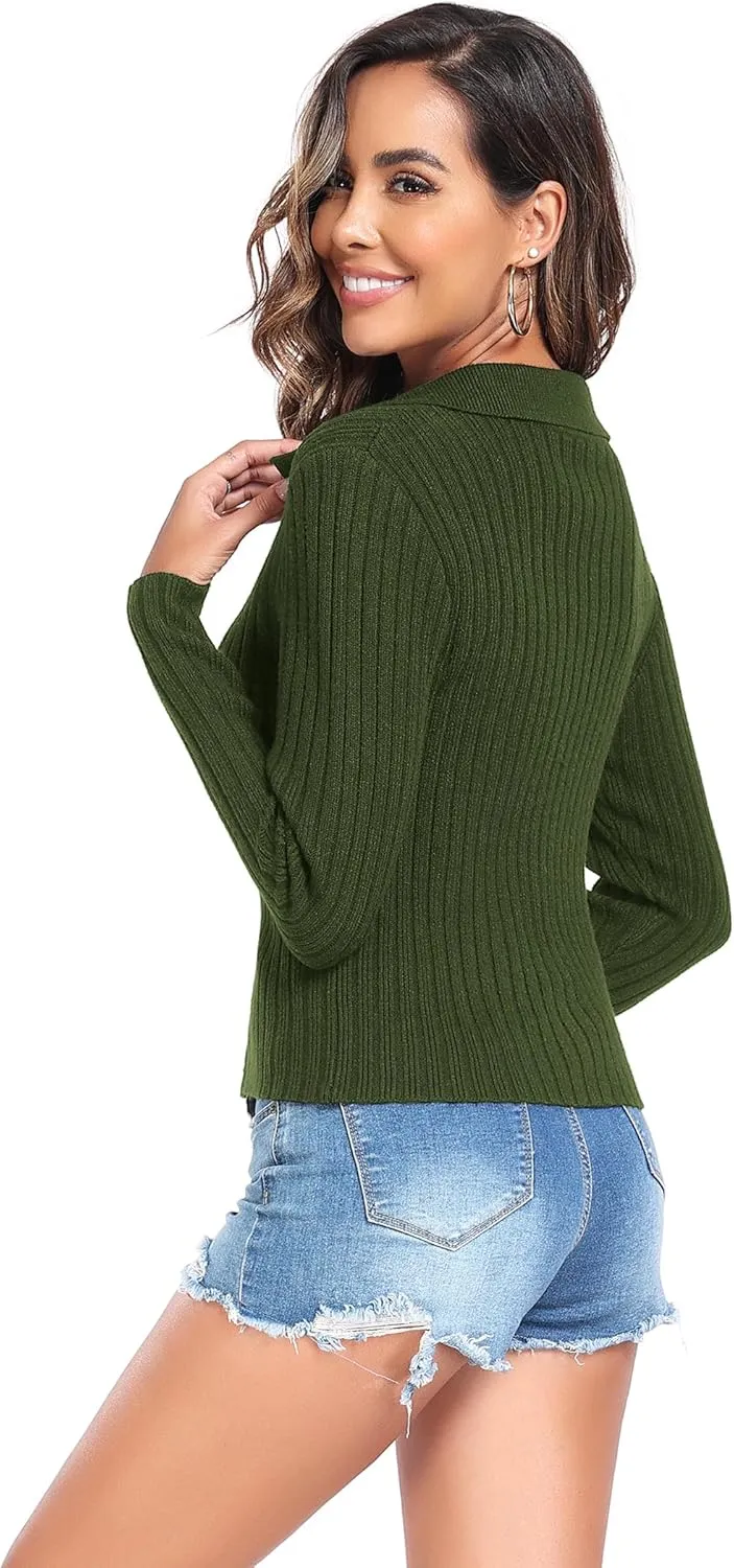 ZAFUL Women's Zip Up Sweater Long Sleeve Polo V Neck Ribbed Knit Slim Cropped Sweater Pullover Jumper Tops