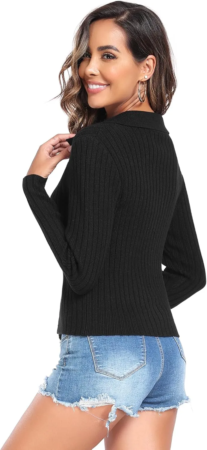ZAFUL Women's Zip Up Sweater Long Sleeve Polo V Neck Ribbed Knit Slim Cropped Sweater Pullover Jumper Tops