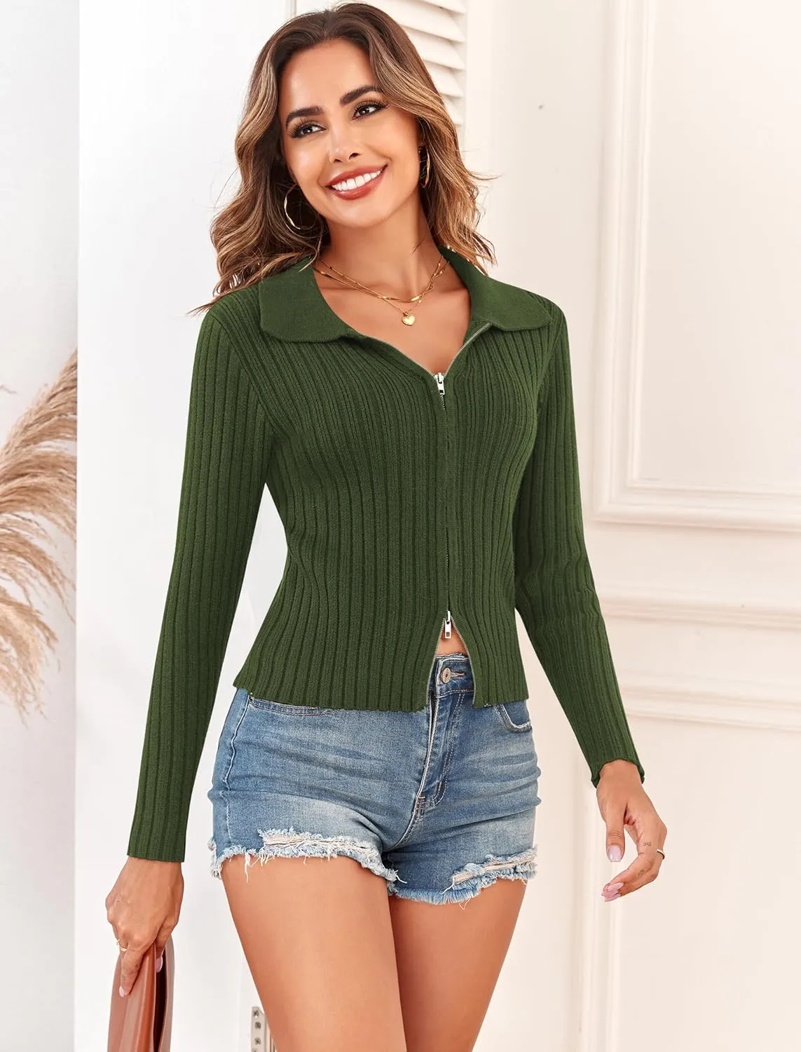 ZAFUL Women's Zip Up Sweater Long Sleeve Polo V Neck Ribbed Knit Slim Cropped Sweater Pullover Jumper Tops