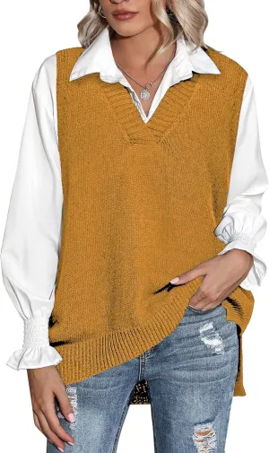 Zeagoo Sweater Vest Women Sleeveless V Neck Oversized Pullover Knitted Tops 2024 Fall Outfits