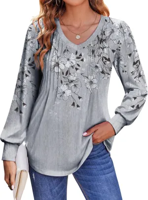 Zeagoo Women's Puff Long Sleeve Shirts Pleated V Neck Fall Tunic Tops Blouse Dressy Casual Loose Summer T-Shirts