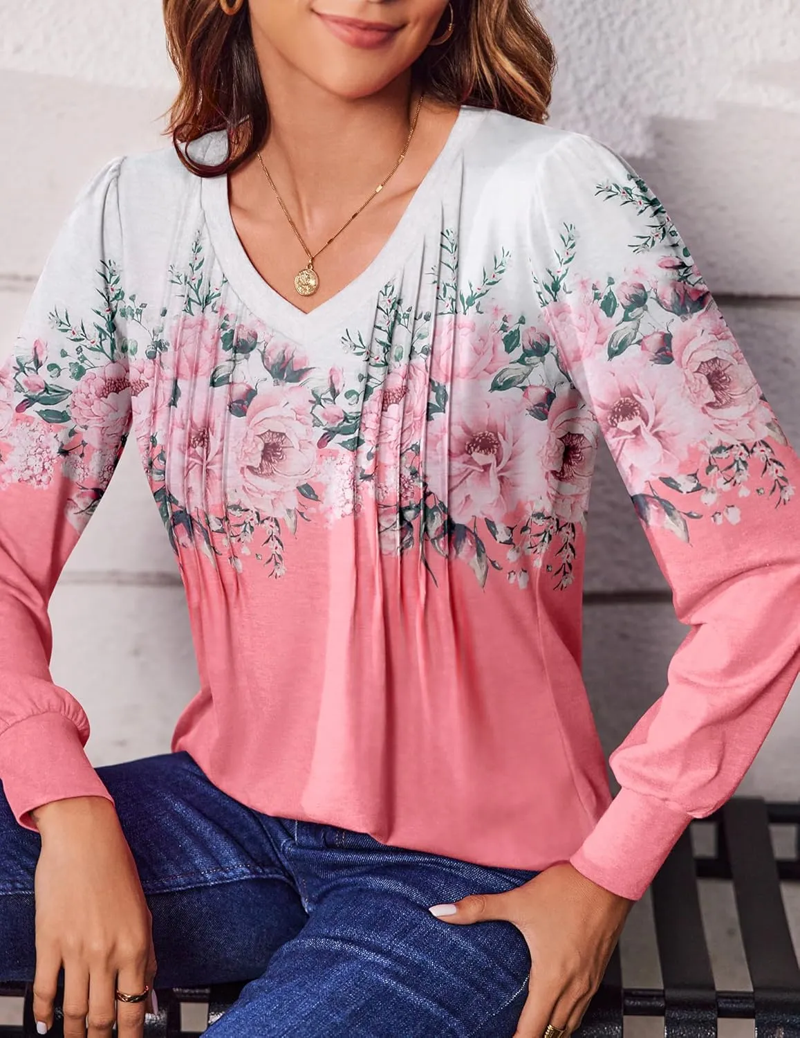 Zeagoo Women's Puff Long Sleeve Shirts Pleated V Neck Fall Tunic Tops Blouse Dressy Casual Loose Summer T-Shirts