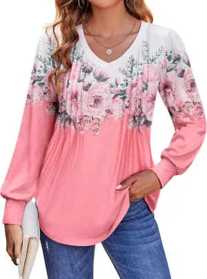 Zeagoo Women's Puff Long Sleeve Shirts Pleated V Neck Fall Tunic Tops Blouse Dressy Casual Loose Summer T-Shirts