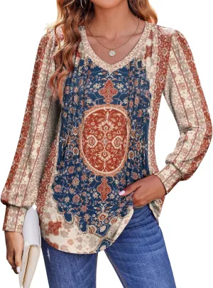 Zeagoo Women's Puff Long Sleeve Shirts Pleated V Neck Fall Tunic Tops Blouse Dressy Casual Loose Summer T-Shirts