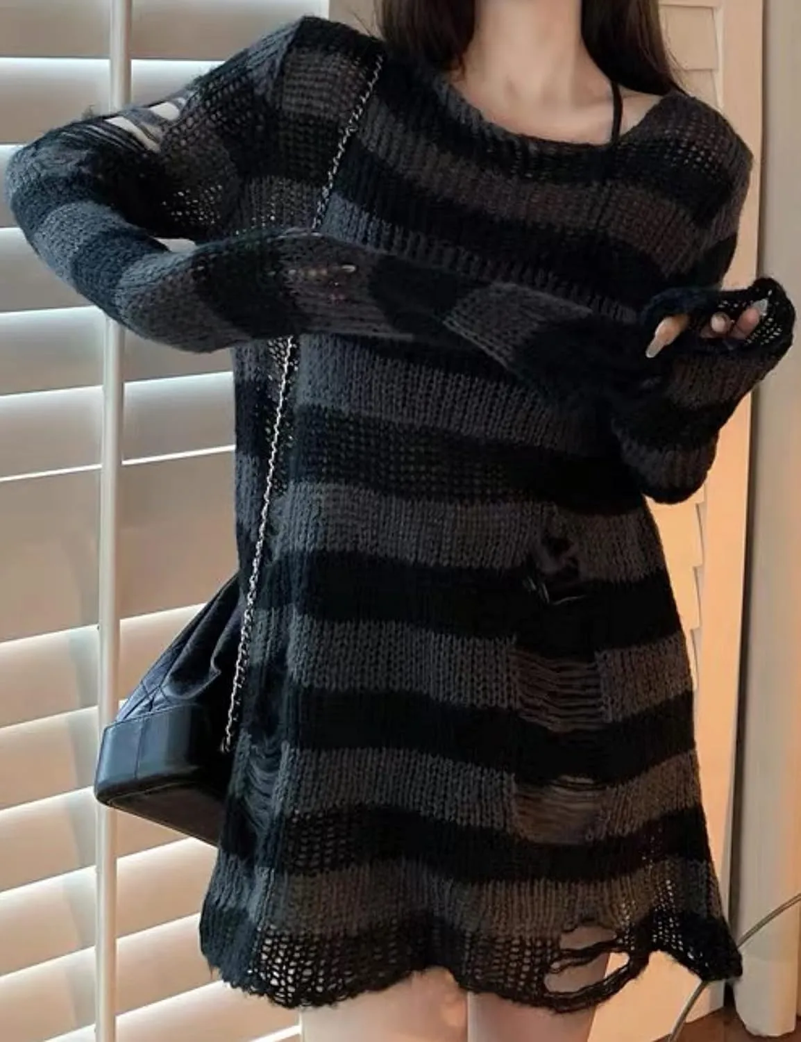 Zhiyouni Punk Gothic Sweater for Women Men Hollow Out Loose Knit Pullover Tops