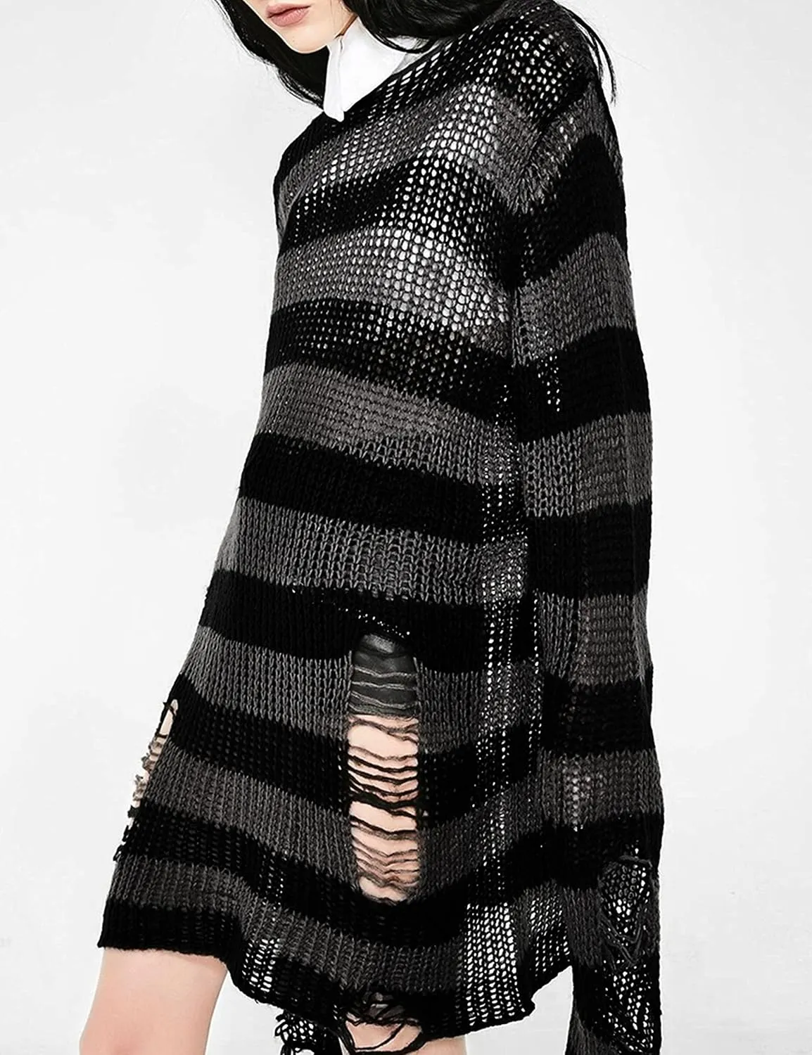 Zhiyouni Punk Gothic Sweater for Women Men Hollow Out Loose Knit Pullover Tops