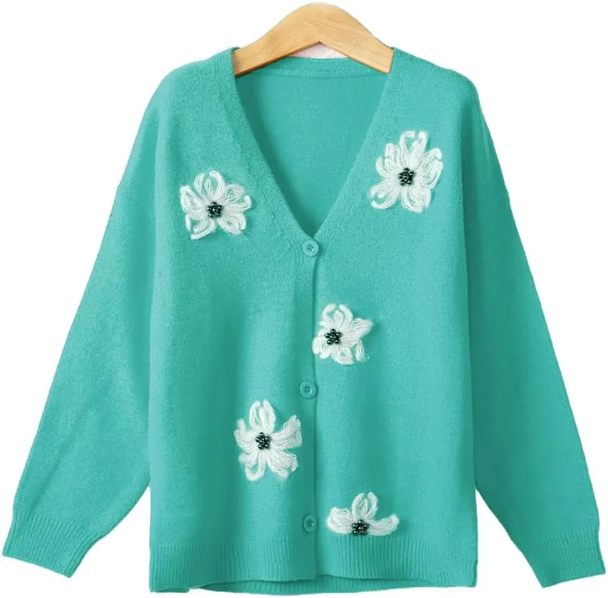 ZOCAVIA Women's Floral Knit Sweaters Cardigan Fall Winter Button Down Open Front Casual Flower Embroidered Cropped Sweaters