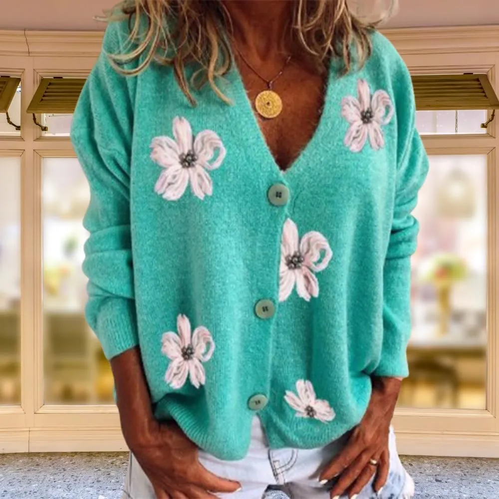 ZOCAVIA Women's Floral Knit Sweaters Cardigan Fall Winter Button Down Open Front Casual Flower Embroidered Cropped Sweaters