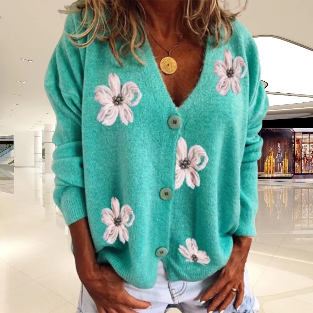ZOCAVIA Women's Floral Knit Sweaters Cardigan Fall Winter Button Down Open Front Casual Flower Embroidered Cropped Sweaters