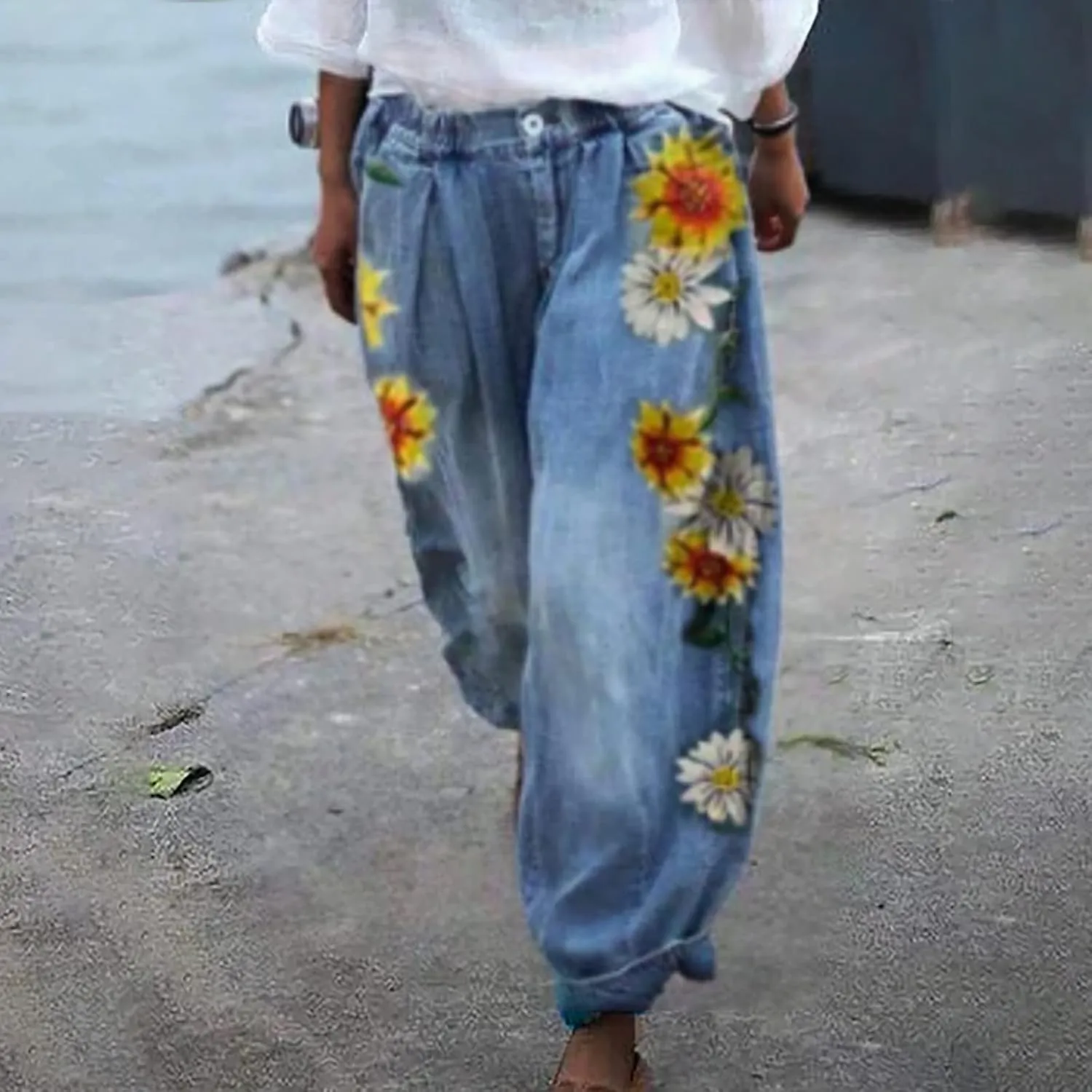 ZYXTIM Boho Pants for Women 2024 Plus Size Summer Trousers Elastic Waist Wide Leg Loose Casual Hawaiian Hippie Beach Pants