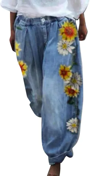 ZYXTIM Boho Pants for Women 2024 Plus Size Summer Trousers Elastic Waist Wide Leg Loose Casual Hawaiian Hippie Beach Pants