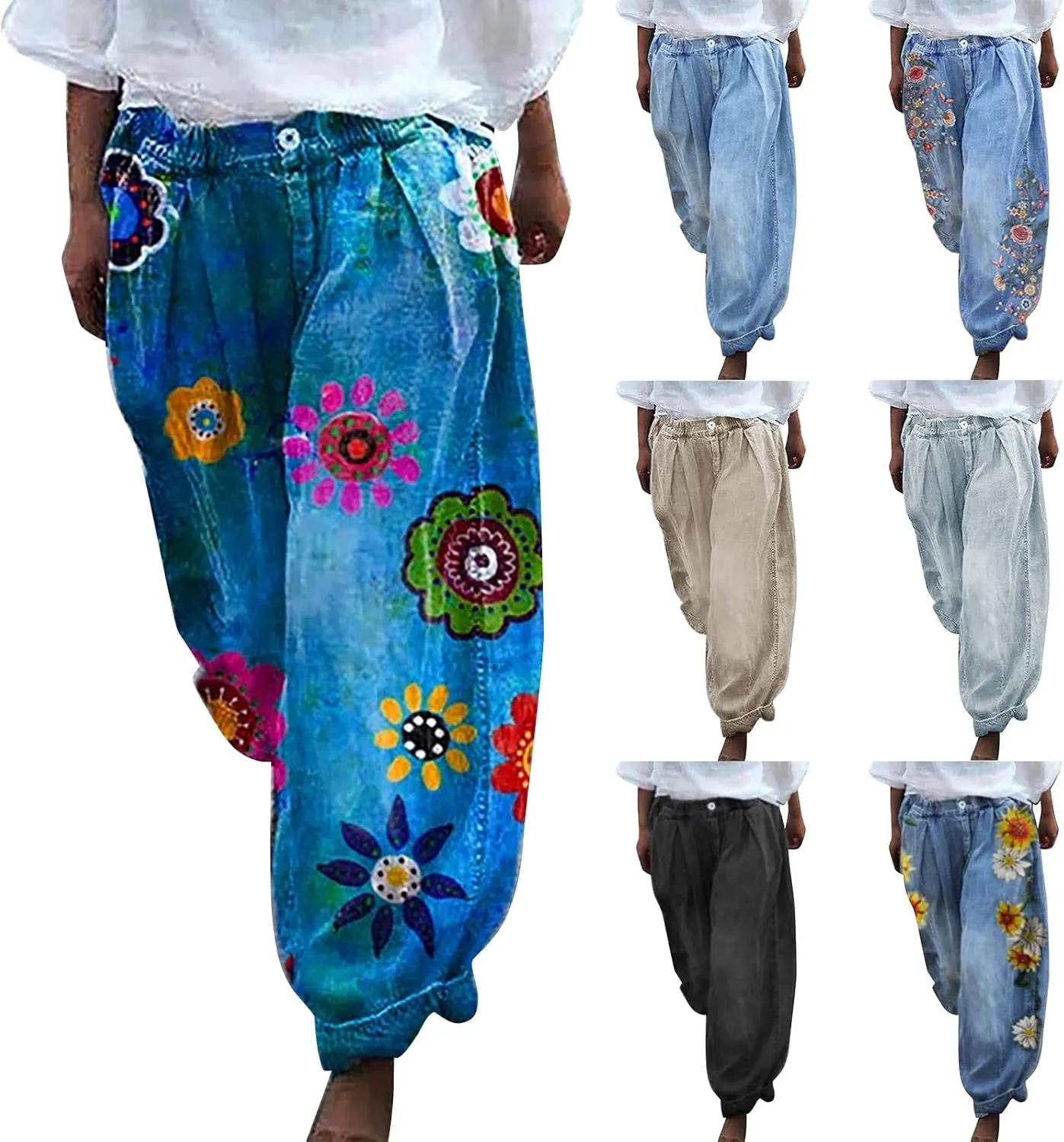ZYXTIM Boho Pants for Women 2024 Plus Size Summer Trousers Elastic Waist Wide Leg Loose Casual Hawaiian Hippie Beach Pants