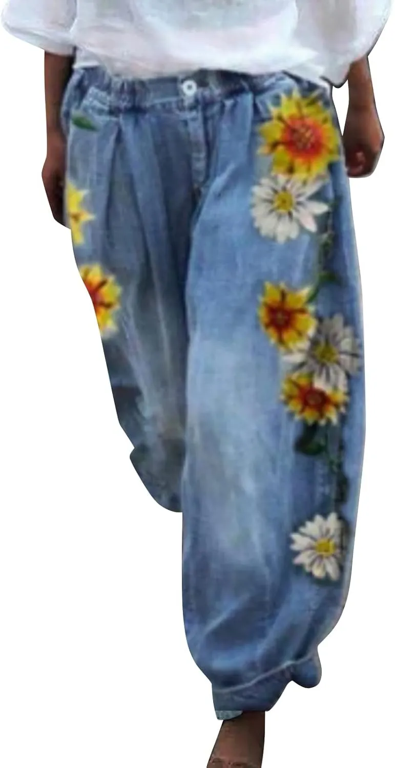 ZYXTIM Boho Pants for Women 2024 Plus Size Summer Trousers Elastic Waist Wide Leg Loose Casual Hawaiian Hippie Beach Pants